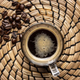 Raw organic Arabica variety coffee beans and a coffee mug of glass on a straw background
